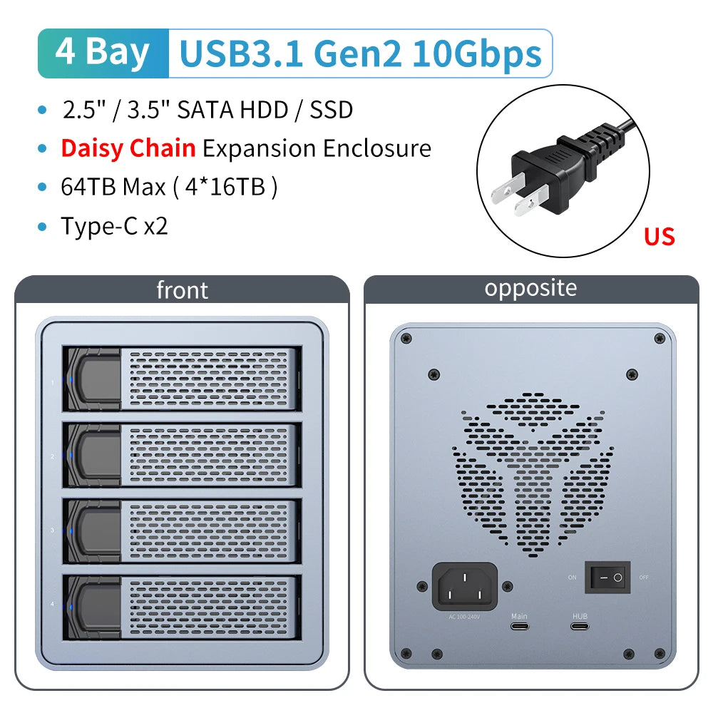Yottamaster 5 Bay 2.5"/3.5"inch SATA HDD SSD External Case Type C Hard Drive Enclosure USB3.1 Gen2 270TB 10Gbps Data Storage Box