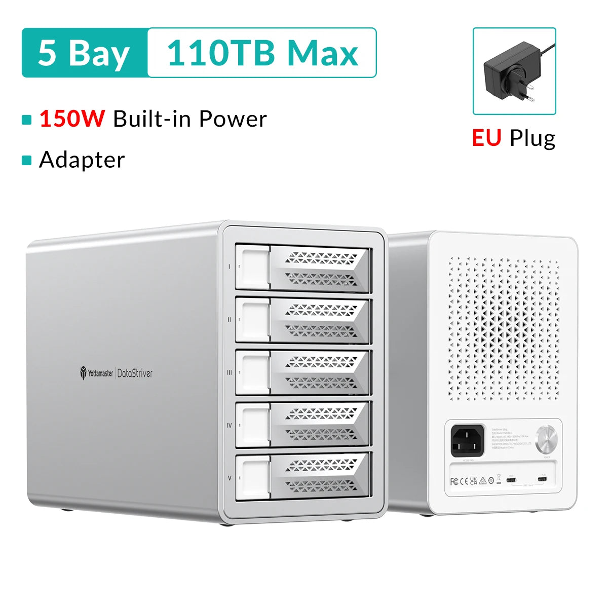 Yottamaster 4/5 Bay SATA HDD SSD Enclosure 2.5"/3.5"inch Hard Drive External Case 10Gbps Type C HD House for NAS Storage Box