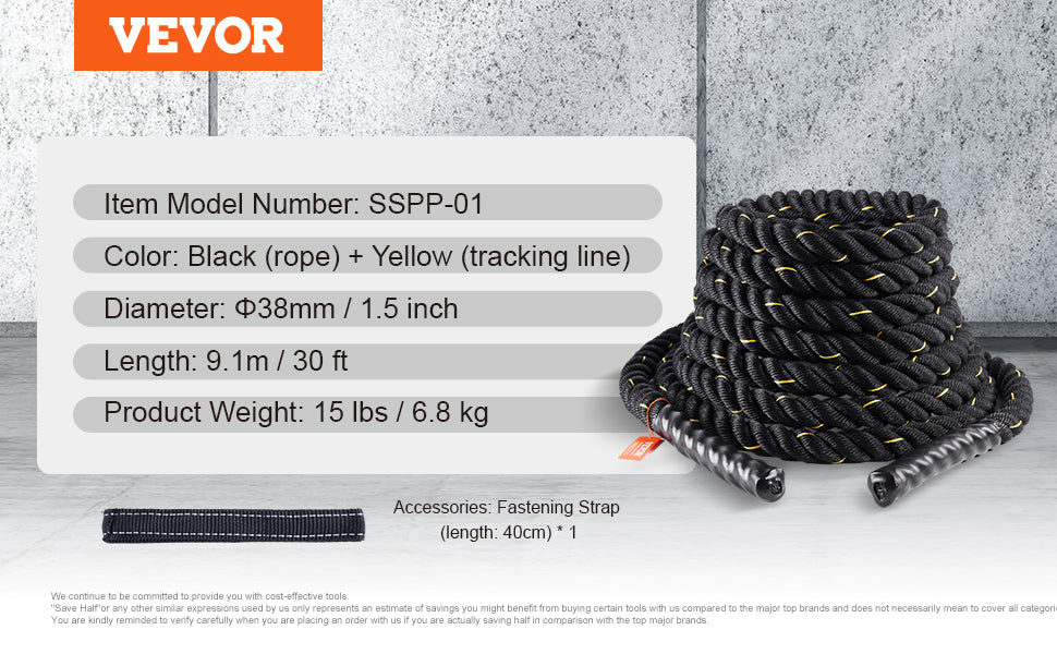 VEVOR Battle Rope 1.5 Inch Diameter 30Ft Length for Home Gym Body Workout Core Strength Training Muscle Building Fitness